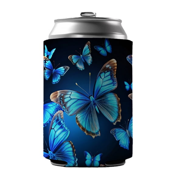 Bright Neon Blue Butterflies Drink Beer Soda Insulated Sleeve Holder Can Cooler Hugger