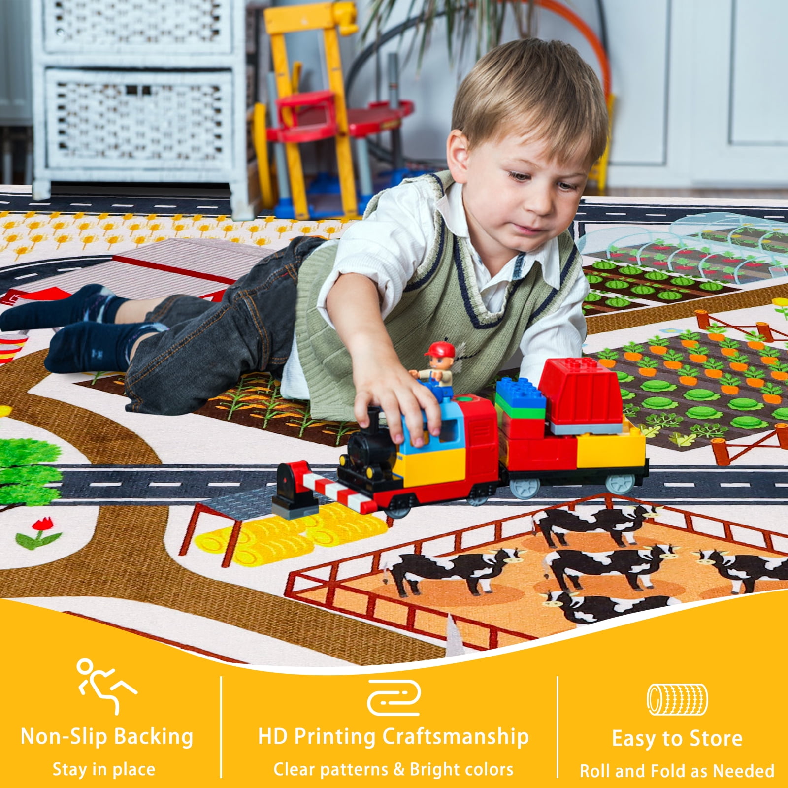 Kids Rug Car Rug for Toy Cars,Farm Life Road Traffic for Playroom Kid Car Road Rug Village Map Play Mat Non-Slip Washable Play Rug for Toddler Boy Family Tummy Time Playtime