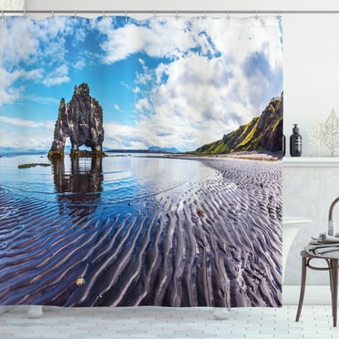 Ambesonne Iceland Shower Curtain, Rock Hvitserkur Ocean Tide, 69"Wx75"L, Multicolor