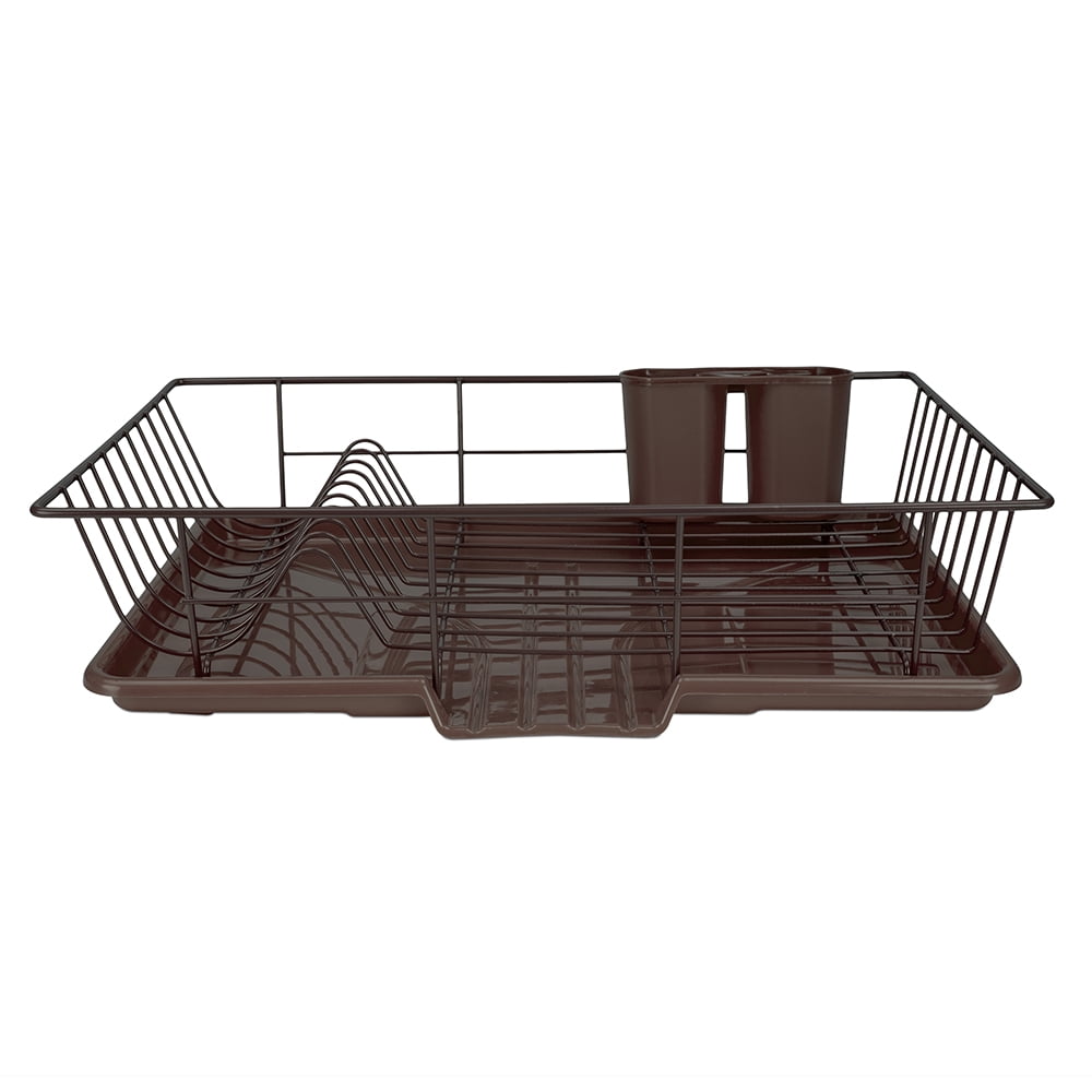 Home Basics 3 Piece Rust-Resistant Vinyl Dish Drainer with Self-Draining Drip Tray, Brown