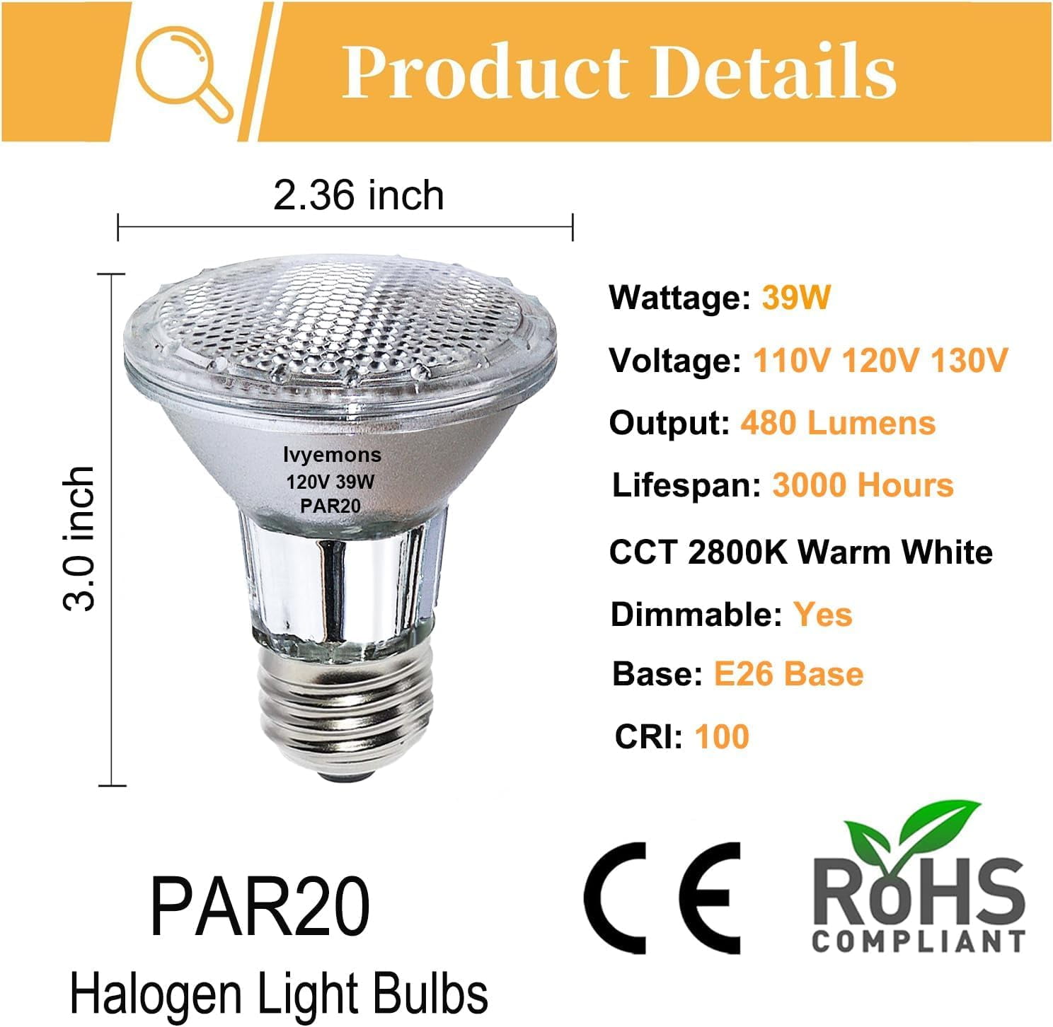Ivyemons PAR20 Flood Light Bulbs 39W (9 Pack) 120V Dimmable 480LM 2800K Warm White E26 Base Recessed/Hood Range Lights