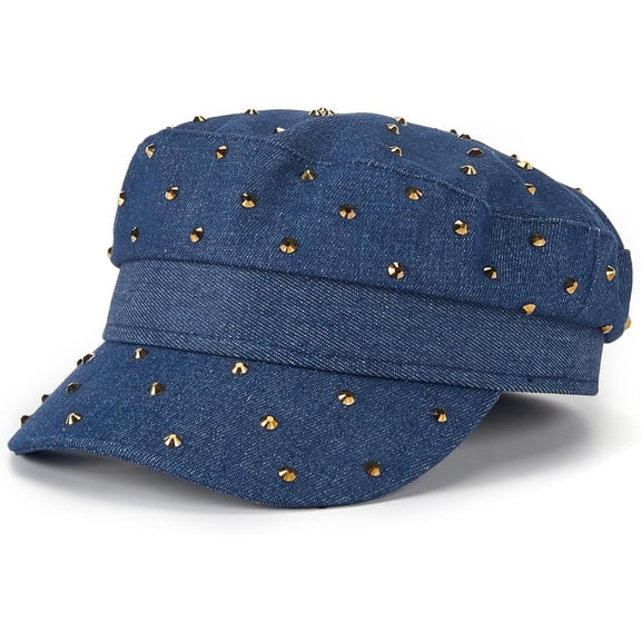 Denim Newsboy Cap with Silver Studs, Military Style, Available in Blue and Black