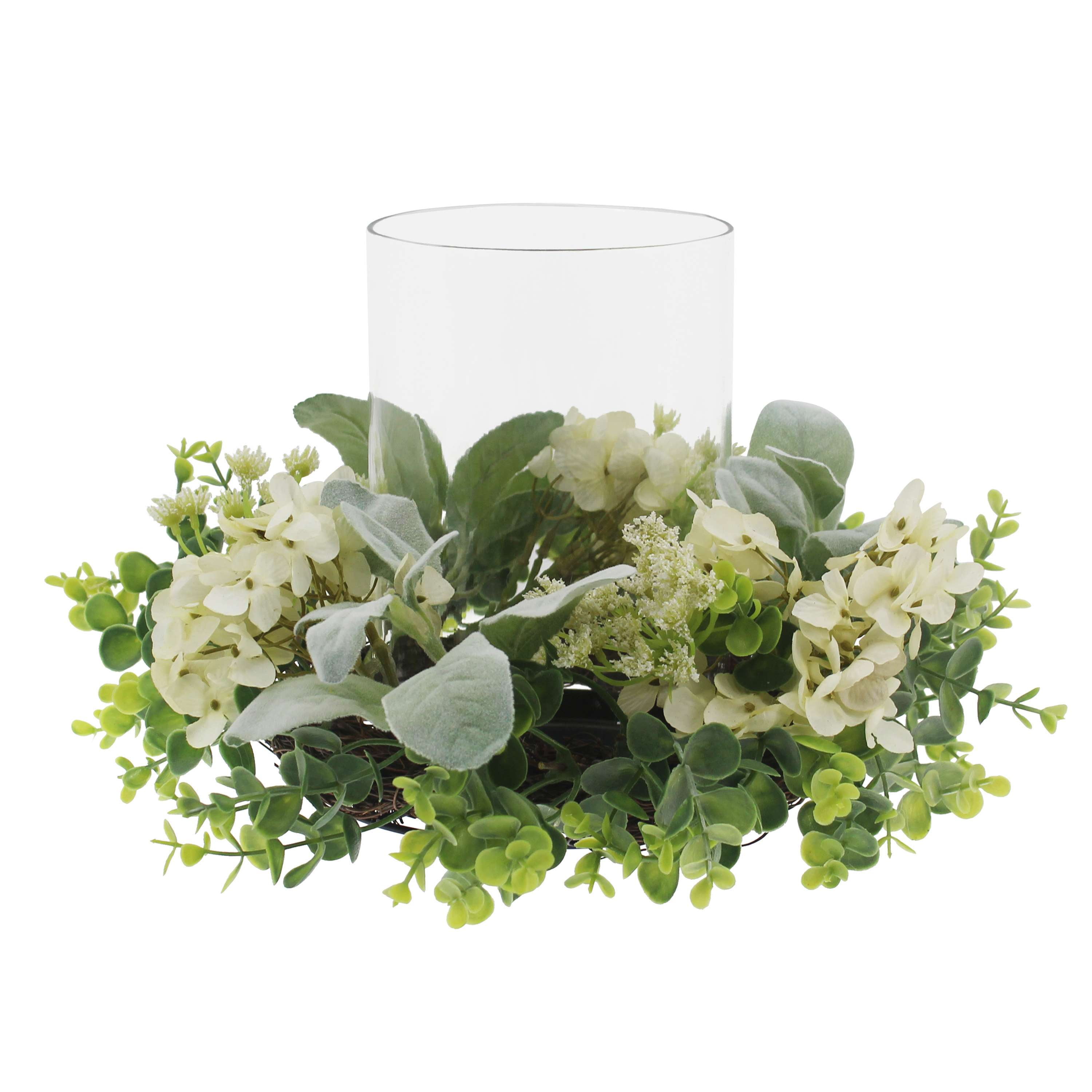 Mainstays Decorative Hurricane Pillar Candleholder with Faux White Hydrangea, 8"