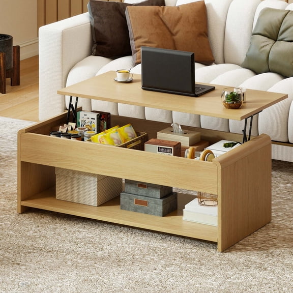 Homiflex Coffee Table Lift Top, 35'' Center Table with Hidden Compartment & Curved Corner, Converts to Home Office Table, Living Room, Open Shelf, Natural