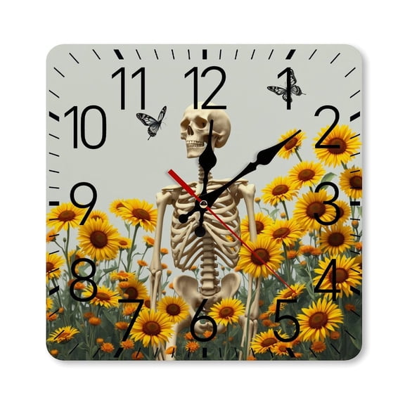 RKSupls 10×10inch Square Silent Wall Clock Wooden Frame, Skeleton Sunflower Art Scale Decorative Clock for Home Bedroom Living Room Office