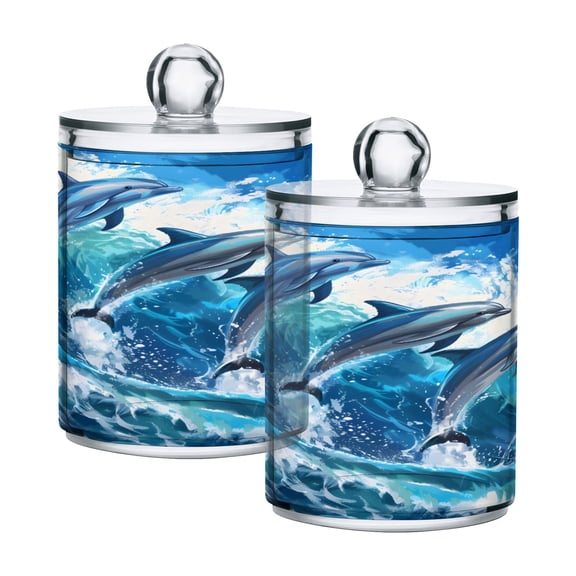 2 Pack Qtip Holder Dispenser Beautiful Dolphins Jumped Clear Plastic Storage Apothecary Jars for Cotton Swabs Balls Pads Floss