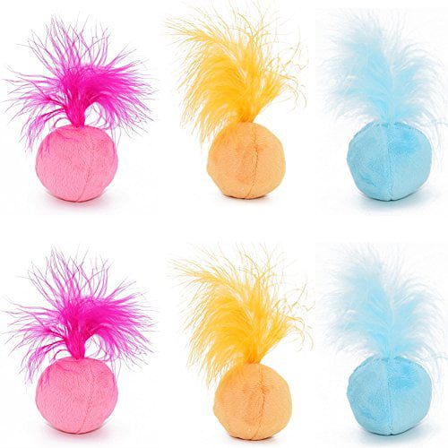 2 Inch PETFAVORITES Furry Rattle Ball Cat Toy with Feather and Catnip Soft and Lightweight Interactive Pom Pom Balls for Cats 3 Pack. 