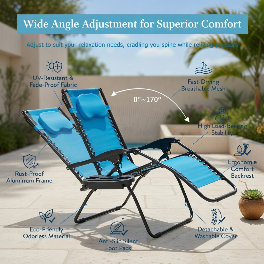 Hommoo Folding Recliner Lounge Chair with Adjustable Sun Shade Canopy, Removable Cup Holder & Headrest, Steel Frame, Turquoise