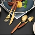 thumbnail image 3 of ABCISI Unique Wooden Handle Silverware Set, Kitchen Stainless Steel Flatware, Thick Round Handle Steak Knife Fork Spoon Teaspoon Set Eating Utensils (Gold,4 pieces), 3 of 17