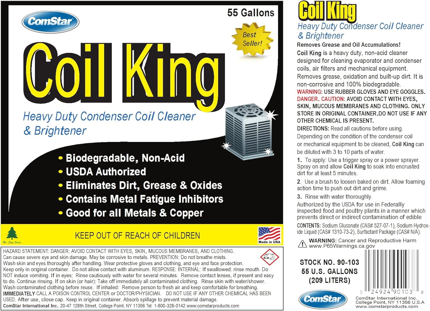 ComStar Coil King, 55 Gallons, Heavy Duty Foaming Condenser Coil Cleaner & Brightener, Alkaline, Non-Acid Cleaner for Finned Tubes, Air-Cooled Condenser Coils, Made in USA (90-103)