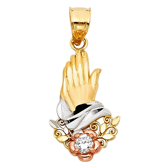 14k Tri-Color Gold Ornate Praying Hands Pendant Studded Filigree Swirl Charm Jewelry Female Unisex