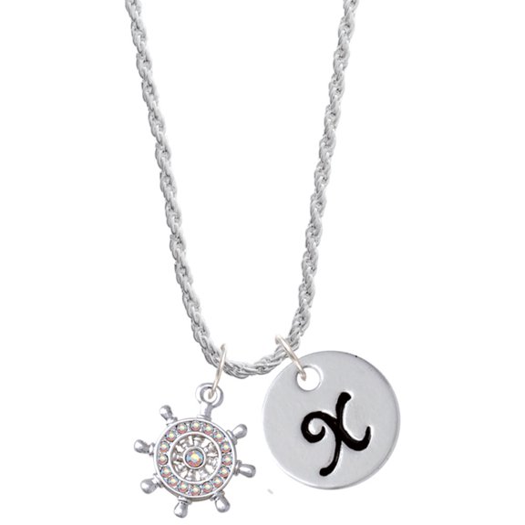 Delight Jewelry Silvertone AB Crystal Ship Wheel - Direction Silvertone Script Initial Disc - X - Charm Necklace, 20"+3"