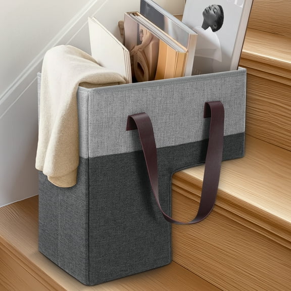 Navaris Stair Basket, Grey - Organiser Storage Baskets for Stairs - Lightweight & Collapsible with Practical Leather Handle - Innovative Staircase Decor Ideal for Shoe Storage
