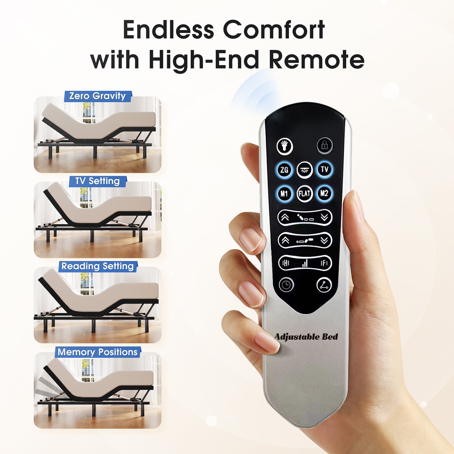 Queen Adjustable Bed Frame Base with Massage, Zero Gravity Ergonomic Electric Bed with Ultra-Quiet Motors, 4 USB Ports, Under-Bed Light, Wireless Remote, Fast Assembly, 3 Height Options