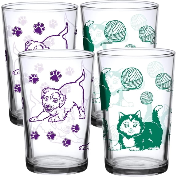 DOWN TO EARTH BASICS Vintage Puppy & Kitten Glasses – 7 oz Drinking Glassware Set of 4 – Retro Animal Tumbler Cups for Milk, Juice, Water – Cute Collectible Glass Set for Pet Lovers and Kids