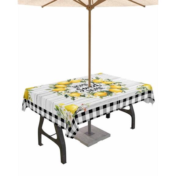Hokiten Outdoor Tablecloths with Umbrella Hole & Zipper, Yellow Lemon Rectangle Tablecloth 60x120 Inch, Farmhouse Black Buffalo Plaid Grey Wooden Waterproof Table Cloth, Patio/Pool Table Covers