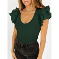 thumbnail image 2 of Body de manga con volantes y cuello en V para mujer, camiseta básica ajustada a presión con parte inferior elástica, mono verde oscuro XL, 2 of 7