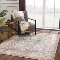 Hauteloom Avel Living Room, Bedroom Machine Washable Area Rug - Traditional Bohemian Carpet - Boho Vintage Distressed - Bordered - Burgundy, Blue, Beige - 5'3" x 7'