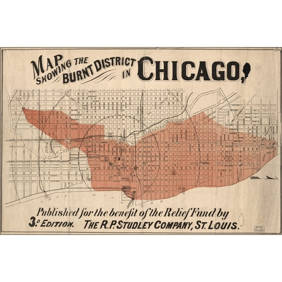 24"x36" Gallery Poster, Map showing the burnt district in Chicago 1871