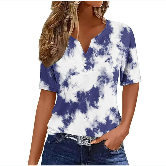 Tops de Algodón para las Mujeres, Retro No Posicionamiento Impreso, V-Cuello Botón Suelto para las Mujeres