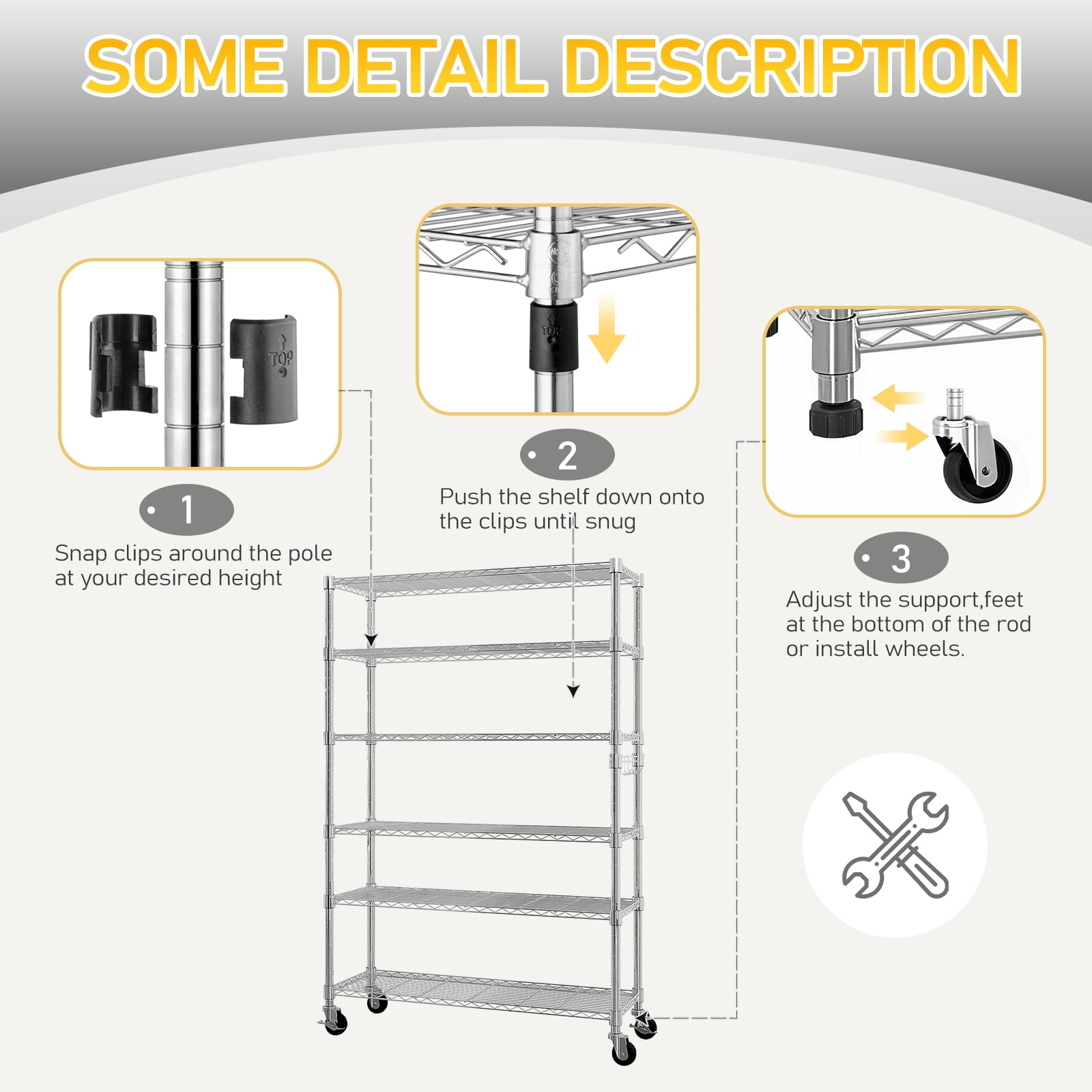 Ktaxon 6 Tier Wire Shelving with Wheels 2400LBS Capacity,  Heavy Duty Storage Rack for Home Garage, 46"W x 18"D x 82"H Adjustable Shelves, Silver