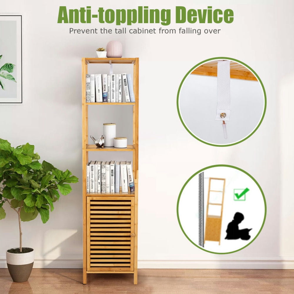 Finihen Storage Cabinet, Floor Cabinet, 4 Tiers Slim Bamboo Floor Storage Cabinet with Shutter Door and Anti-Toppling Device, for Bathroom, Living Room, Bedroom, Kitchen, Natural