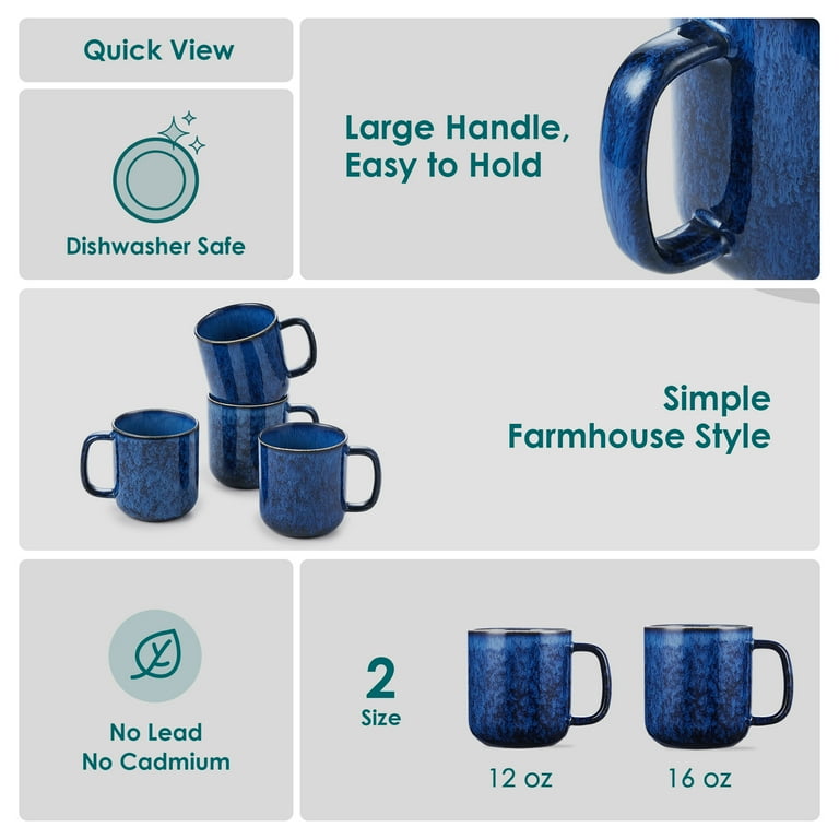 Malacasa Stoneware Coffee Mugs Set, 12 oz Coffee Cups Set of 4, Dishwasher & Microwave Safe, Blue