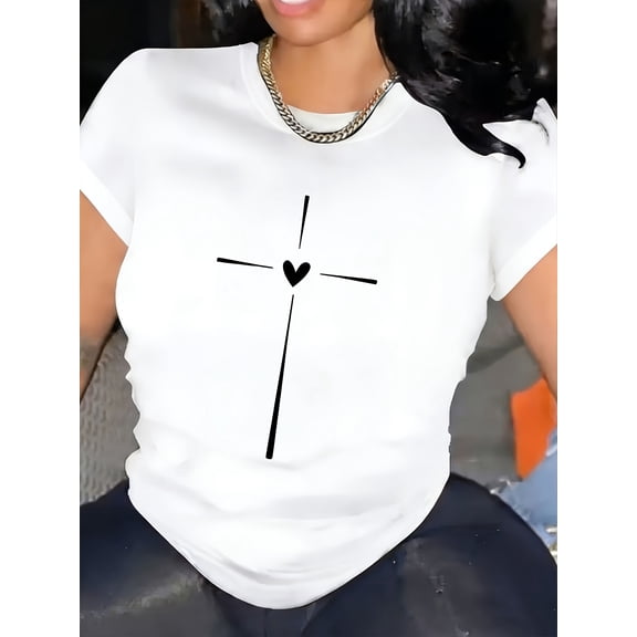 Women's Christian Cross Graphic Tee, Minimalist Heart Cross Print Crew Neck Short Sleeve T-Shirt, Faith Inspired Casual Shirt, Church Worship Gift Top