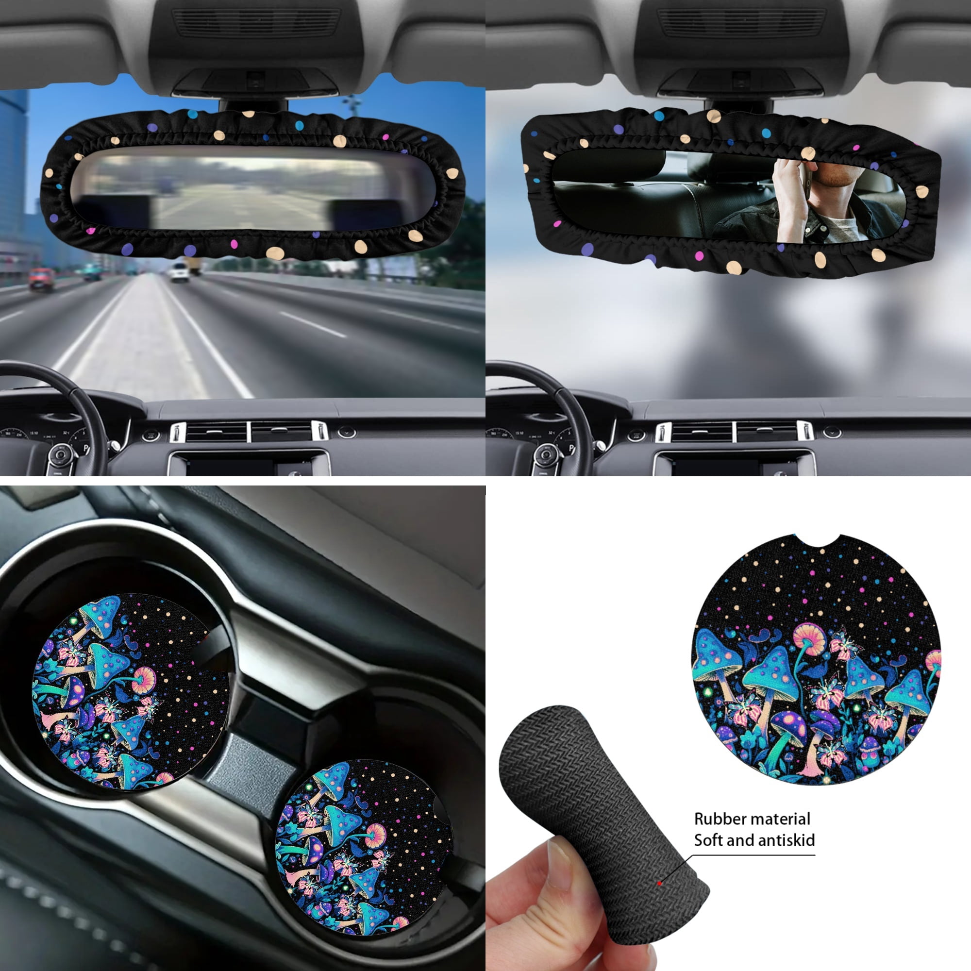 Yuyamidu Blue Mushroom Car Front Back Seat Covers Butterfly Steering Wheel Cover Seat Belt Pad Garbage Bin Armrest Cover Pad Rearview Mirror Cover Handbrake Cover Set Coasters, Set of 14