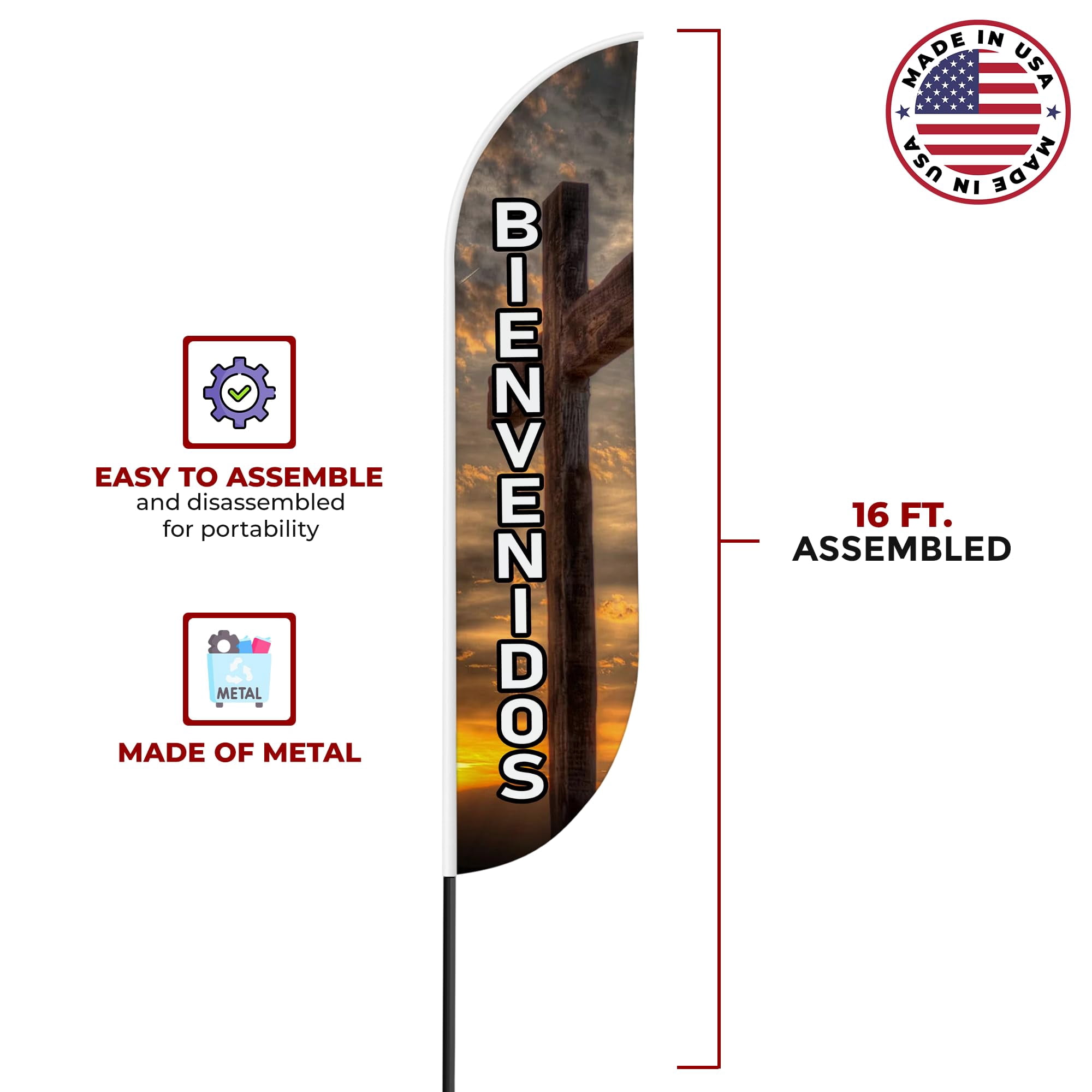 Bienvenidos Sign feather flag Pole kit for Outdoor by Mavis | 15 FEET Tall Polyester Banner Flag Pole Mount with Cover for Easy Hang | HD Print Swooper Flags to Promote Church Activity