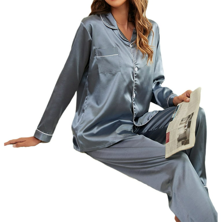 Women's Satin Pajamas Long Sleeve Sleepwear 2 Pcs Pj Set L 