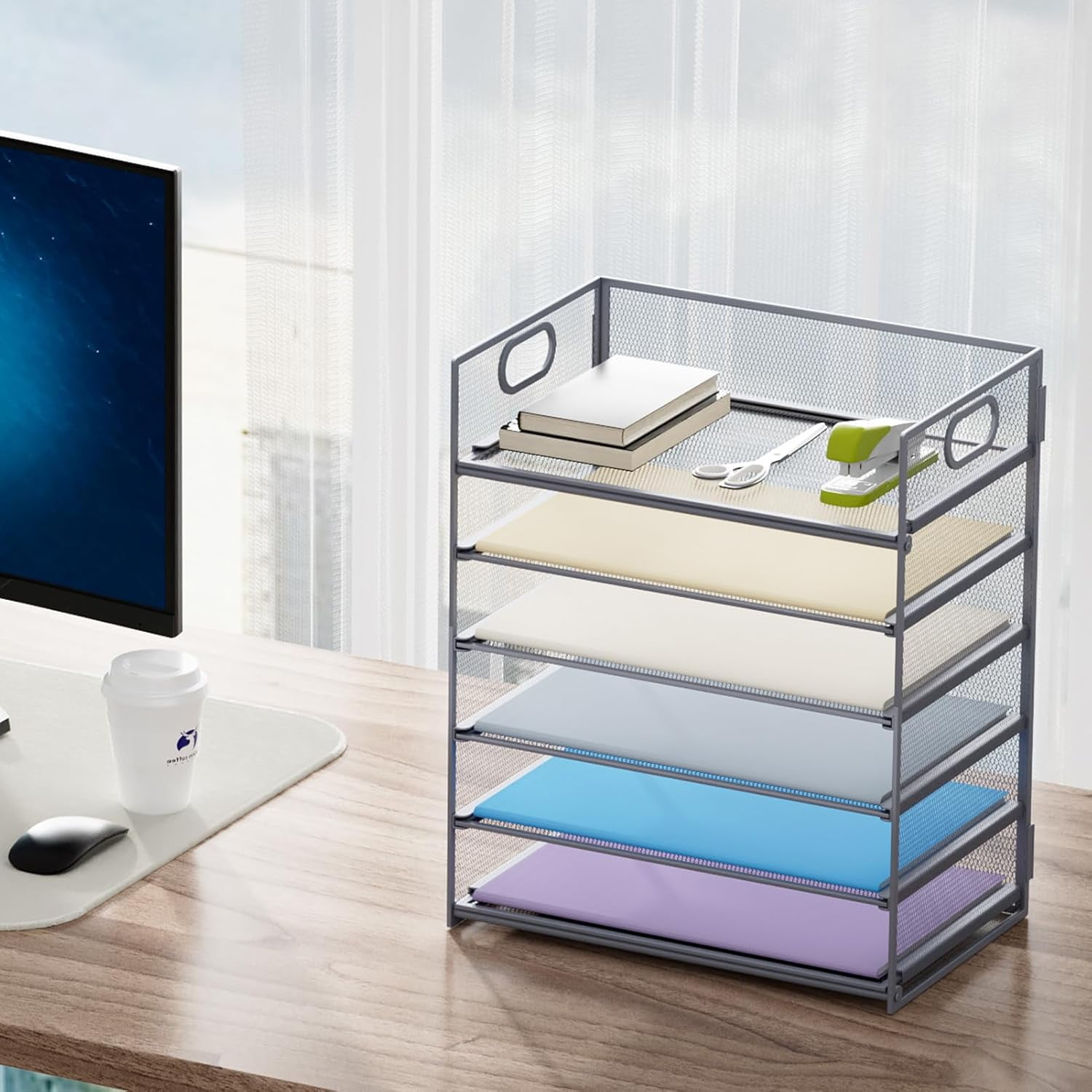 Paper Organizer Letter Tray - Mesh Desk File Organizer with Handle, Paper Sorter Organizer for Office File Folder Holder - Black