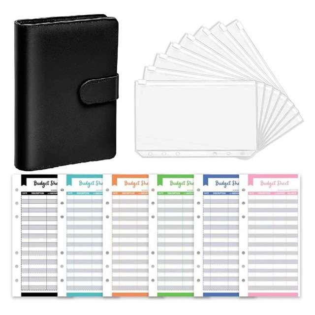 pitrice PU Leather Notebook Binder Clear Binder organizer leather notebook binder Envelopes loose leaf Binder Pockets Budget Envelope Black