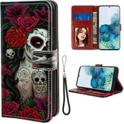 Pingge Samsung Galaxy S20 Wallet Case Sugar Skull Lightweight Slim Shockproof Cellphone Cover with Card Slots Kickstand