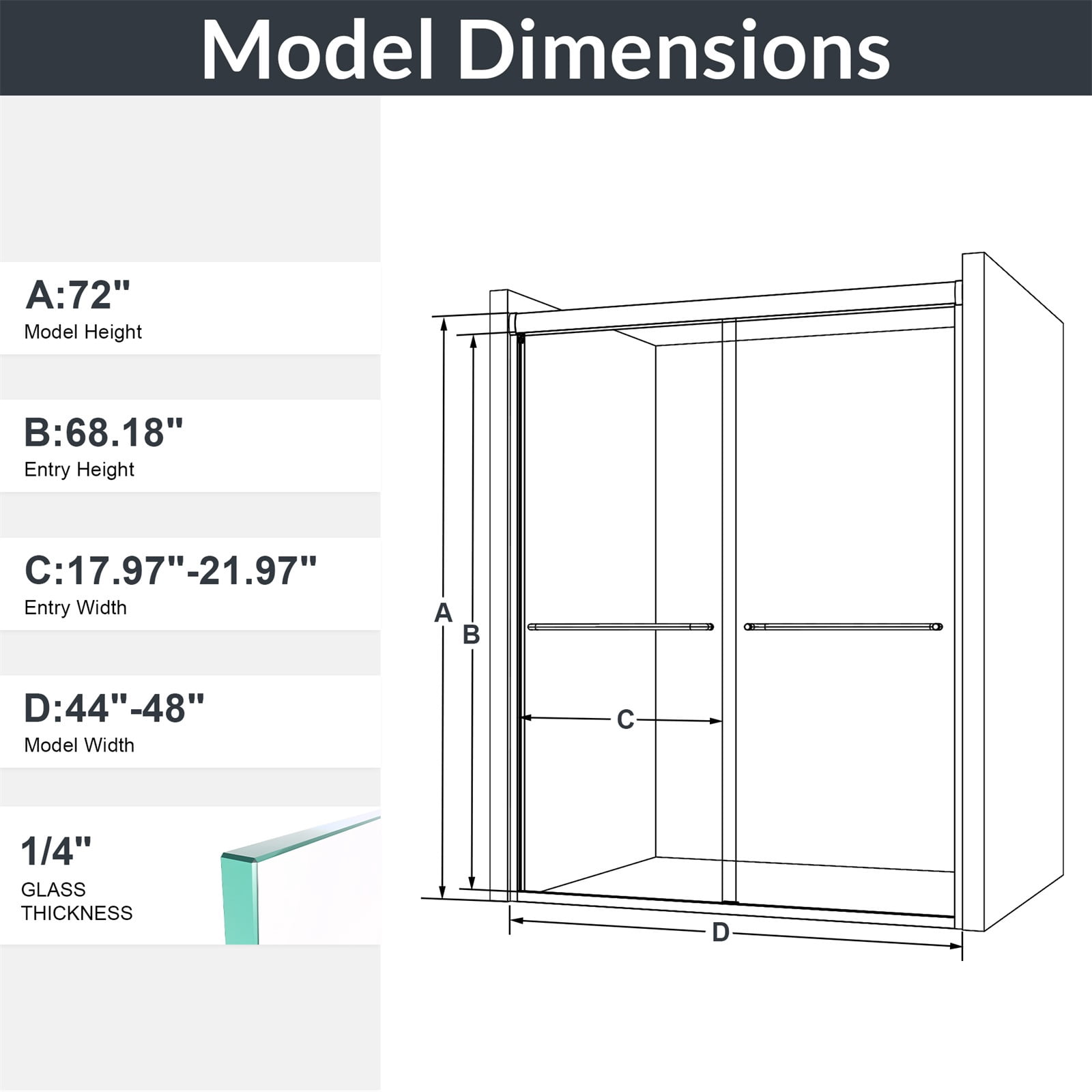 Hommoo 44"-48"W x 72"H Semi-Frameless Double Sliding Shower Door, Bypass Shower Door, 1/4" Thick SGCC Tempered Glass Door, Matte Black