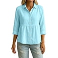 thumbnail image 5 of Feancey Women's Cotton Linen Button Down Shirt 3/4 Sleeve Collared Peplum Blouse Lightweight Casual Beach Vacation Shirts Gifts for Mom Sky Blue XXL, 5 of 7