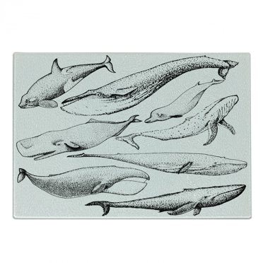 Whale Cutting Board, Hand Drawn Black and White Whales from Single Type Small and Big Image, Decorative Tempered Glass Cutting and Serving Board, Small Size, Black and White, by Ambesonne