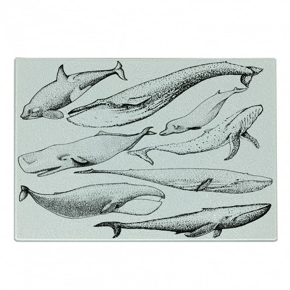 Whale Cutting Board, Hand Drawn Black and White Whales from Single Type Small and Big Image, Decorative Tempered Glass Cutting and Serving Board, Small Size, Black and White, by Ambesonne
