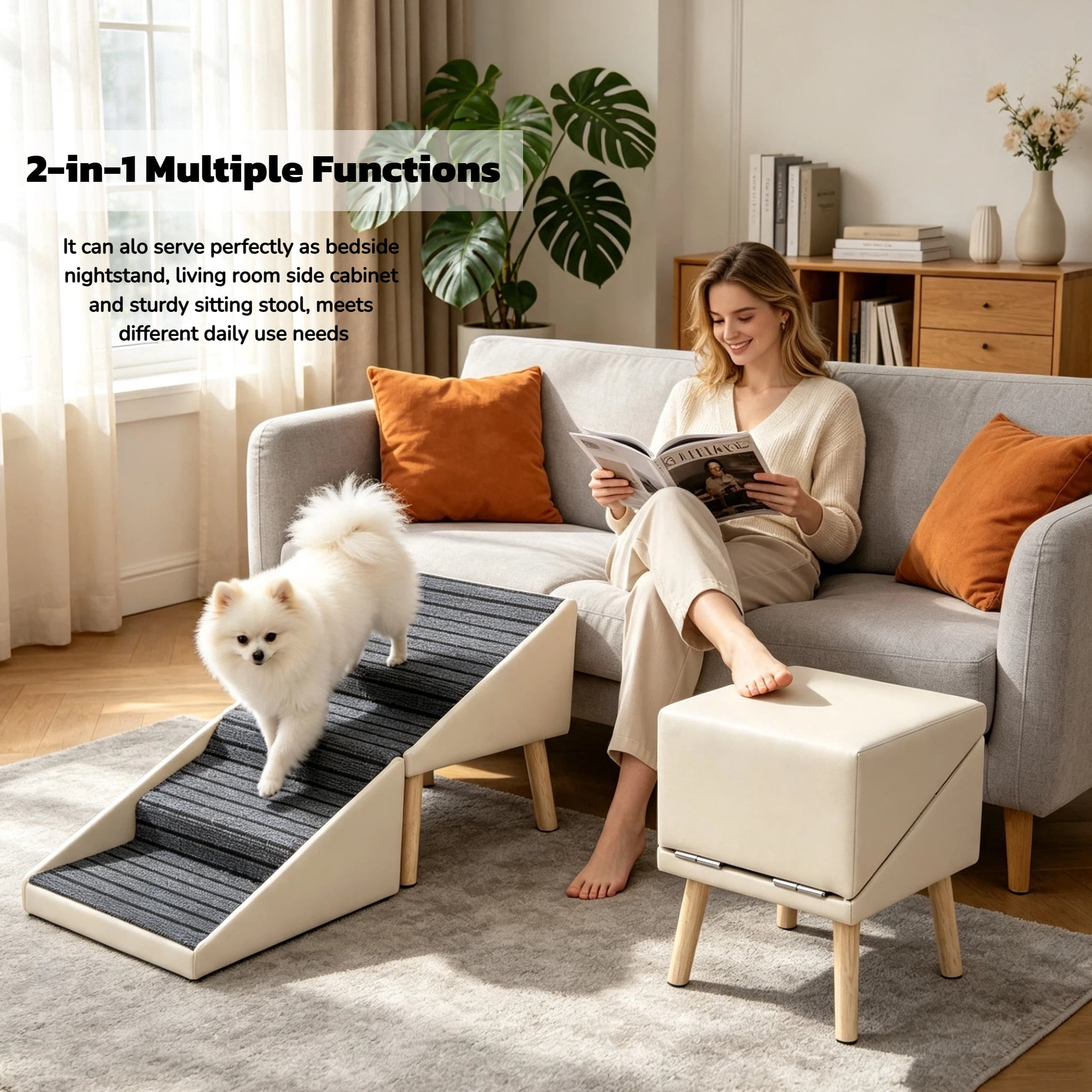 2-in-1 Dog Stairs for Bed and Couch 18.89" Foldable Dog Ramp for Couch 4 Pet Steps & Ottoman for Small Dogs, Beige
