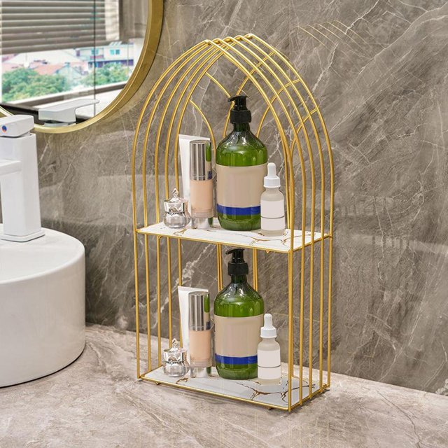 Estante de Exhibición de Cosméticos, Elegante, Fácil de Montar, con Estante de Bandeja de Vidrio Extraíble, Gabinete Dorado Dorado para Tocador, Blanco Doble Capa Baoblaze estante de baño