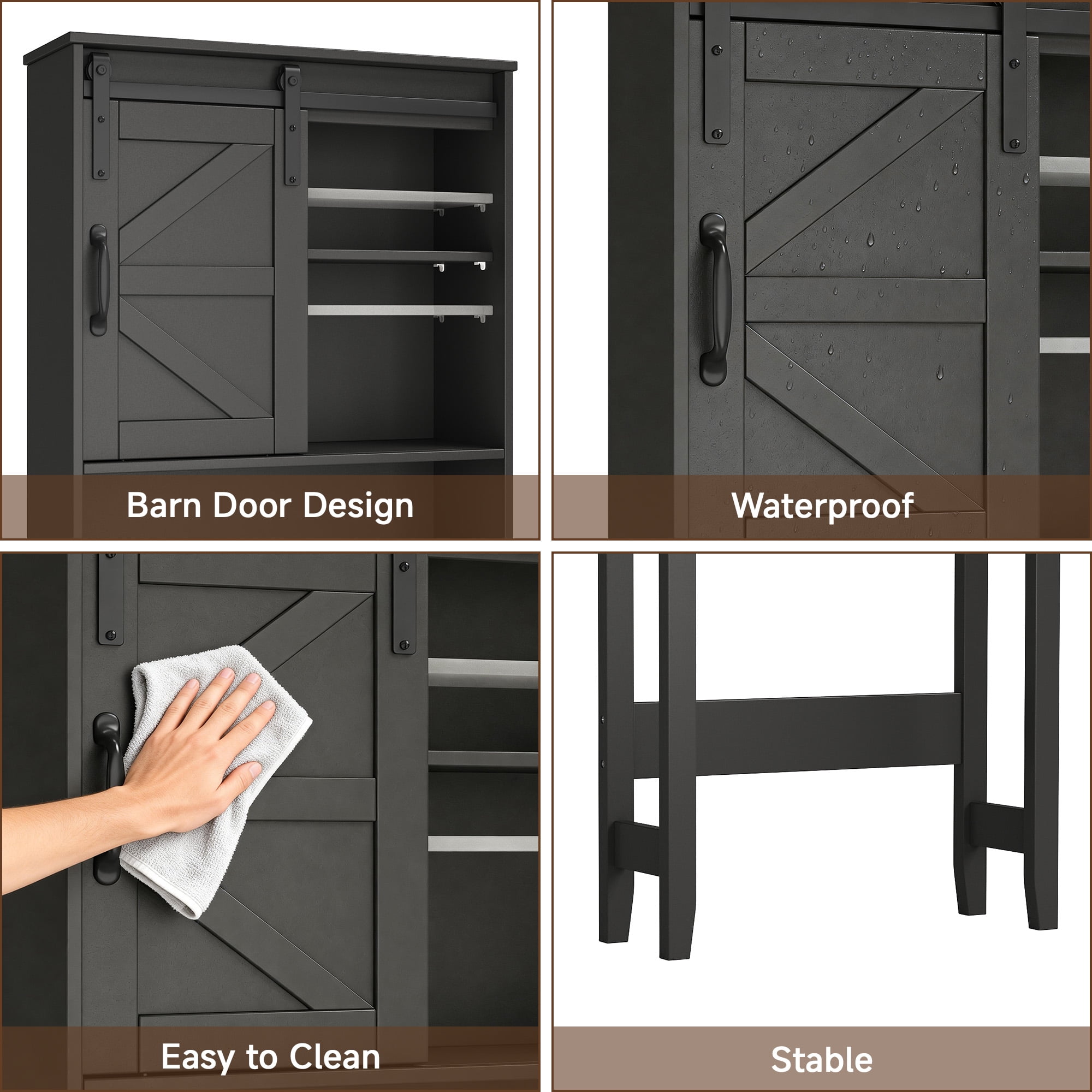 Over the Toilet Storage Cabinet, Bathroom Space Saver Organizer with Sliding Barn Door, Anti-Tipping Design, Waterproof, Adjustable Shelves for Laundry Room Organization