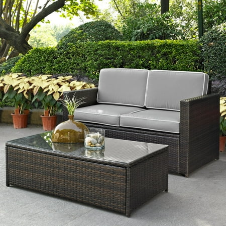 Two Tone Wicker - PALM HARBOR 2 PIECE OUTDOOR WICKER SEATING SET WITH GREY CUSHIONS- LOVESEAT & GLASS TOP TABLE