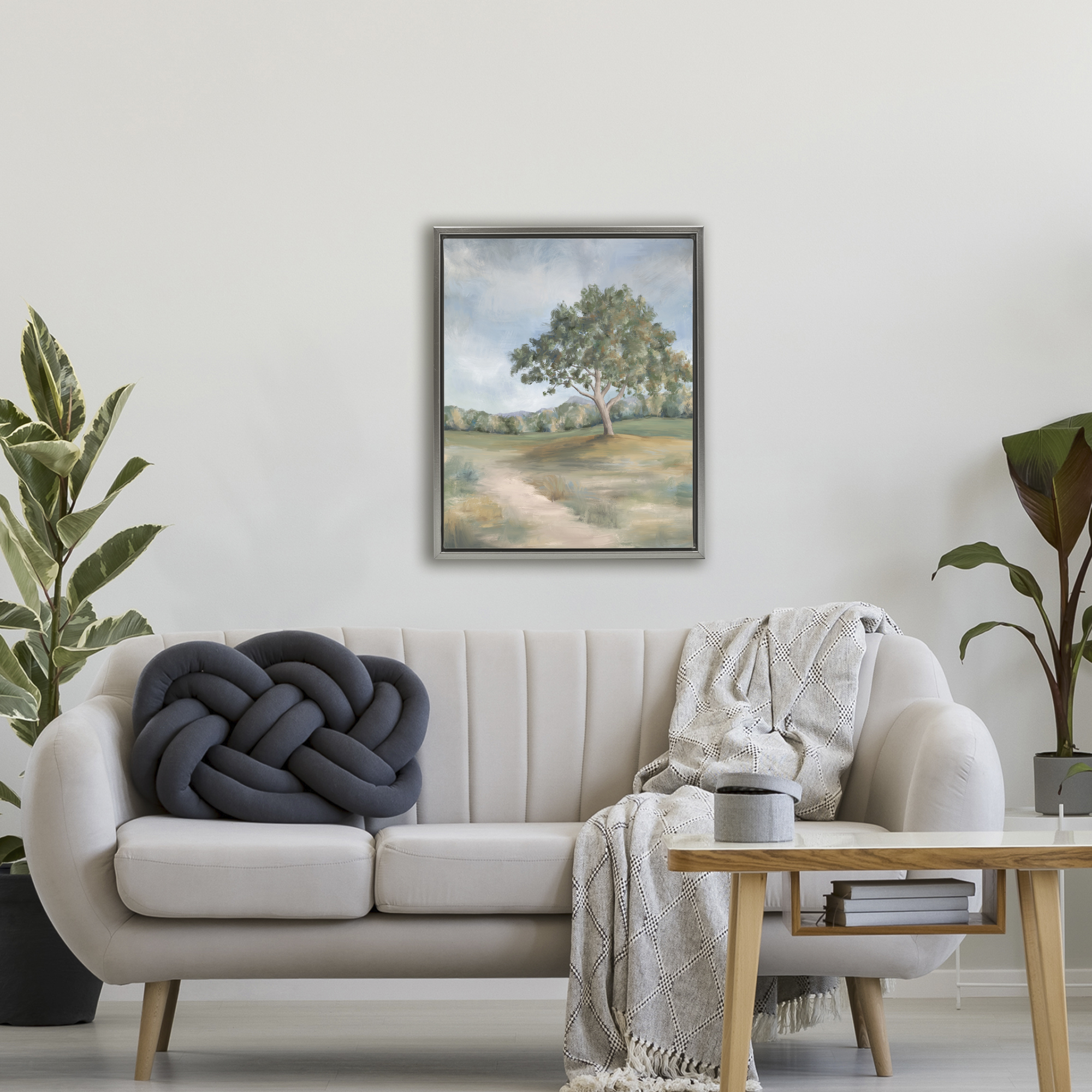 Countryside Tree Scenery Gray Framed Floater Canvas Wall Art, design by Leah Noel Art