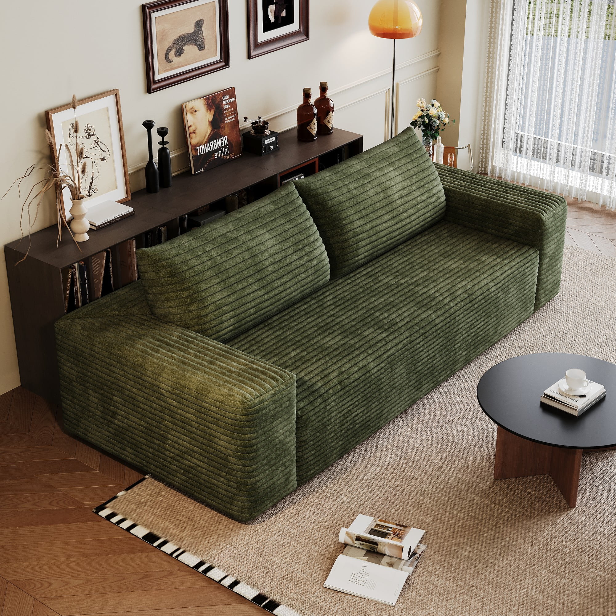 Aukfa 3-Seater Corduroy Sofa, Deep Seat Cloud Couch, No Assembly Frameless Loveseat for Living Room, Bedroom, Apartment, Green