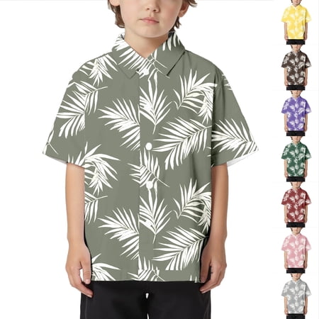 RTKFRFLM Boys' Hawaiian Tropical Beach Shirt Casual Short Sleeve Lapel Collared Button Down Top for Kids Fashionable Summer Vacation Allover Print Blouse Soft Lightweight Size 4-16