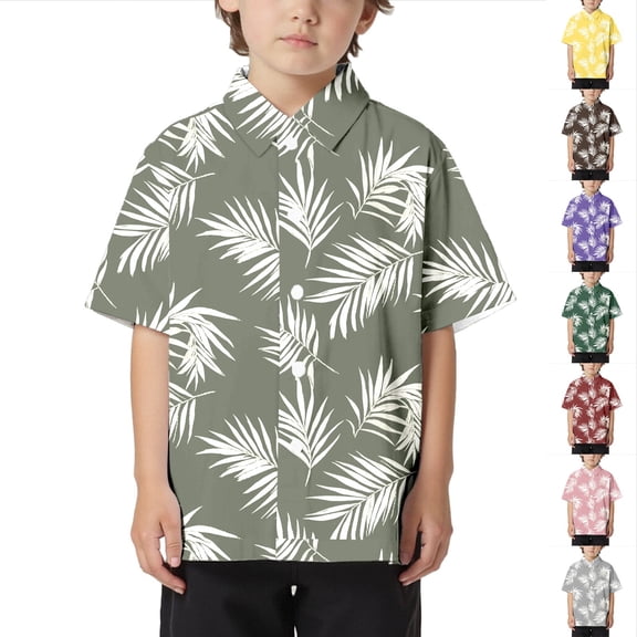 RTKFRFLM Boys' Hawaiian Tropical Beach Shirt Casual Short Sleeve Lapel Collared Button Down Top for Kids Fashionable Summer Vacation Allover Print Blouse Soft Lightweight Size 4-16