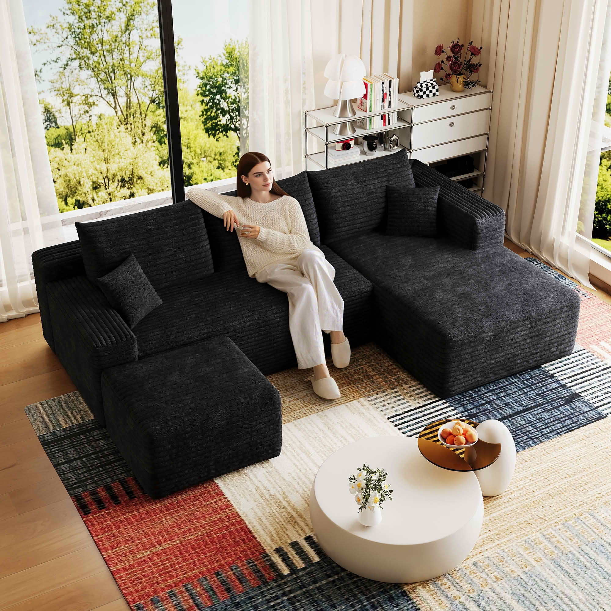 MAYEERTY 95" Corduroy U-Shaped Sectional Sofa with Ottoman, Deep Seat Cloud Couch, No Assembly Leisure Sofa for Home