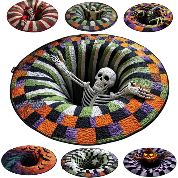 Yurizama 3D Skeleton Vortex Round Rug, Non-Slip Quilted Velvet, Spooky Illusion for Indoor Room