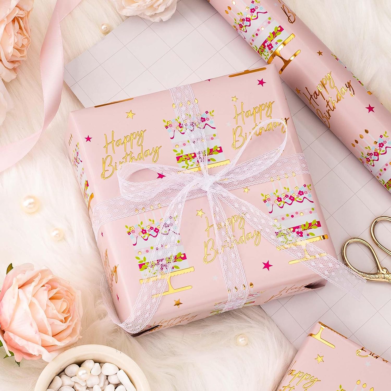 HOMERAL Birthday Cake Wrapping Paper Roll, 17" x 33 ft photo 2
