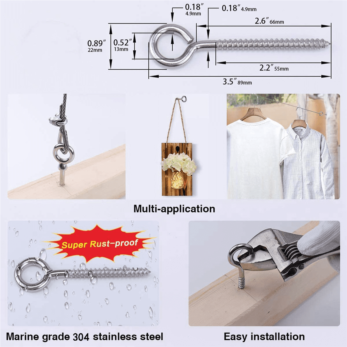 40 Pack Stainless Steel Eye Shape Screws Metal Hook Wood Terminal Ring Eyelet Hooks Self Tapping Screws M6